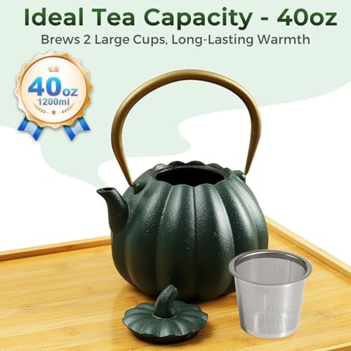 Pumpkin Cast Iron Teapot with Infuser - Japanese Kettle with Enamel Interior for Loose Leaf Brewing, 40oz Traditional Tetsubin, Stainless Steel Filter, Stovetop Safe (Dark Green) - Image 4