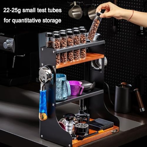 Wall-Mounted Coffee Bean Cellars, 3-Tier Wood Coffee Tool Storage Stand, with 12 Pcs Single Dose Glass Tubes, Capacity of A Single Bottle 22-25g, with Hopper, for Kitchen - Image 2