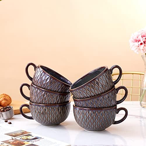 Coffeezone Set of 6 Cups Vintage Design 12 oz Professional Barista Ceramic Latte Art Cappuccino Cups Set (Embossed Grey * 6) - Image 5