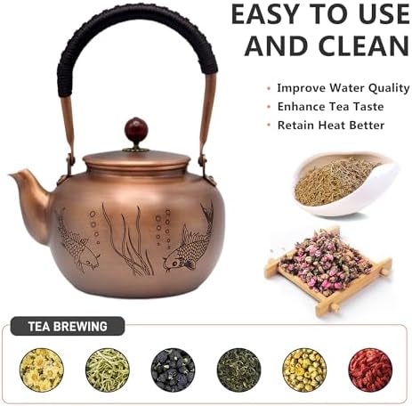 44oz SECHUDO Exquisite Pure Copper Teapot without Coating, Copper Tea Kettle with Tea Ball for Loose Tea, Chinese Style Classic Tea Pot for Stovetop Safe, Fish Pattern(1300ml) - Image 3