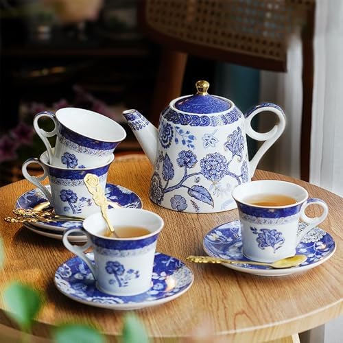 Bone China Tea Set for Adults, 13-Piece Blue and White Porcelain Tea Set for 4, Vintage Floral Tea Set With Teapot and Teaspoons, Tea Party Sets for Women Gift (Blue B) - Image 4