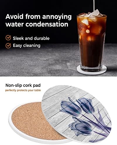 Coasters for Drinks Set of 6 with Holder Abstract Transparent Blue Flower Tulip Wood Grain Ceramic Cup Mat Absorbent Ceramic Stone Coasters with Cork Base for Coffee Cups Wooden Table Home Decor 4in - Image 5