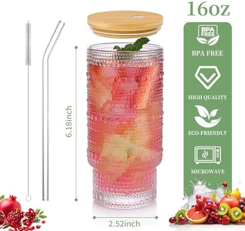 16oz Glass Cups with Lids and Straws, 4 Pack Vintage Drinking Glasses Tumblers Polka Dot Iced Coffee Cups for Kitchen, Home, Office, Gifts - Image 2