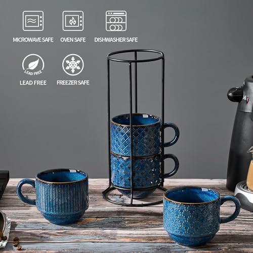 Large Ceramic Coffee Mug Set of 4 with Stand, 15 Oz Stackable Different Embossment Ribbed Latte Cup Set for Cappuccino, Tea, Hot Cocoa, Drinks - Dishwasher & Microwave Safe, Blue - Image 3