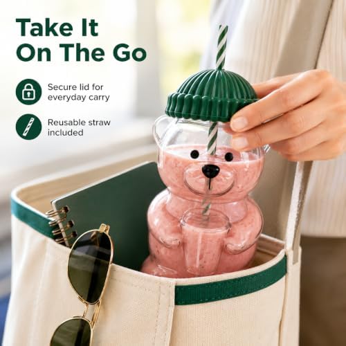 Cute Bear Glass Tumbler with Lid and Straw, 20 oz, Pink - Image 6