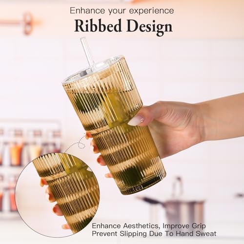 Amber Drinking Glasses，4PCS Amber Ribbed Glass Cups with Lids and Straws, 20oz Vintage Drinking Glasses, Aesthetic Iced Coffee Cups, Brown Yellow Glass Cup - Image 4