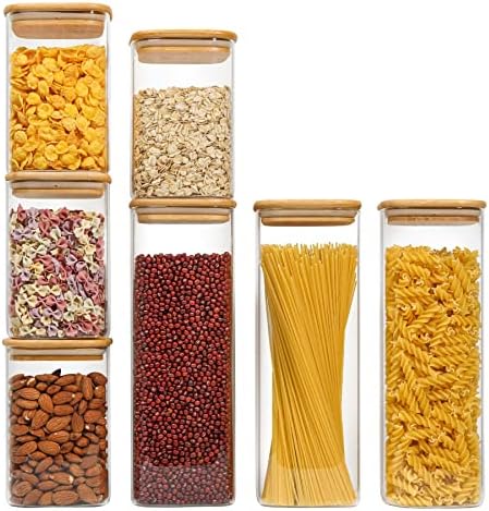 ComSaf Airtight Glass Storage Canister with Bamboo Lid (37oz/71oz) Set of 7, Clear Food Storage Container Kitchen Pantry Storage Jar for Flour Cereal Sugar Tea Coffee Beans Snacks by ComSaf