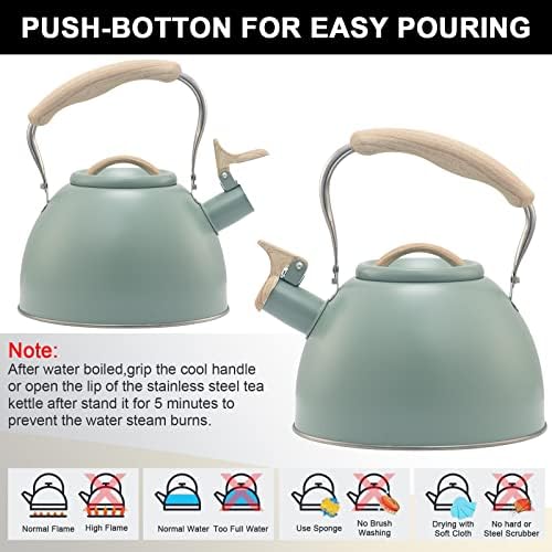 3.2 Quart Whistling Tea Kettle for Stove Top Stainless Steel Tea Pots With Wood Pattern Anti-slip Handle, Green… - Image 5