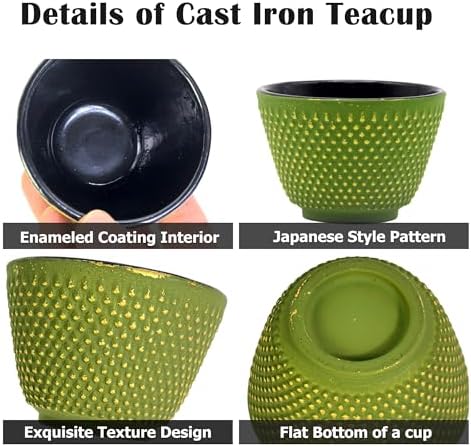 Japanese Cast Iron Tea Cups, Small and Heavy Teacups with no Handles, Japanese Style Cup for Adults, Asian Teacups, Coated with Enameled Interior, 4 Pcs/Box (Green, 2oz/60ml) - Image 5