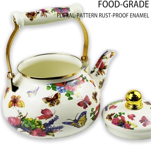 Enamel Tea Kettle 2.6 Quart, Vintage Butterfly Floral Stovetop Teapot - Image 4