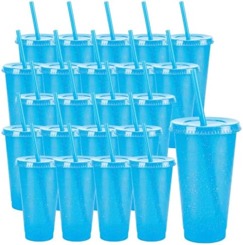 24 Pcs Blue Tumblers with Straw & Lid - 24oz Coffee Cups by Pineburg