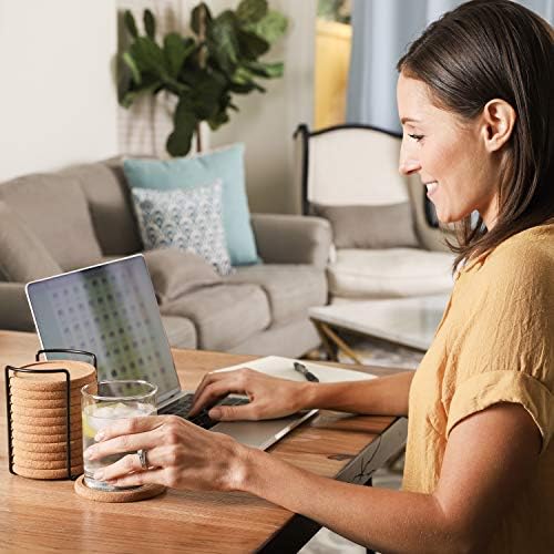 Cork Coasters with Lip for Drinks Absorbent | 12 Set 4 Inch Thick Rustic Saucer with Metal Holder Heat & Water Resistant | Best Reusable Natural Round Coasters for Bar Glass Cup Table - Image 3