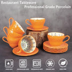 Ceramic Tea Cups and Saucers Set of 6 (7 oz),Ceramic teacup set,Bohemian Ceramic Coffee Cup embossed design,Suitable for tea, milk, coffee - Image 3