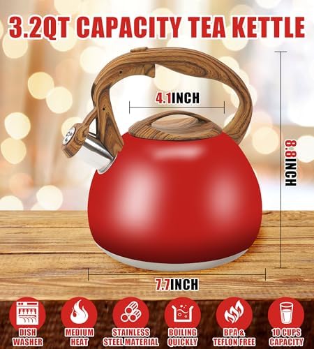 3.2Qt Stainless Steel Whistling Tea Kettle Stovetop, Red - Image 3