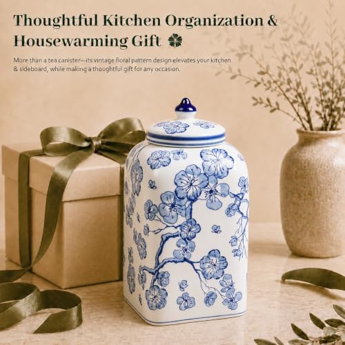 12.5" H Ceramic Kitchen Canisters for Countertop, Tea & Coffee Bean Storage Canister with Airtight Lid, Blue and White Chinoiserie Decor Ginger Jar for Home Decor, 155 fl oz - Plum Blossom - Image 6