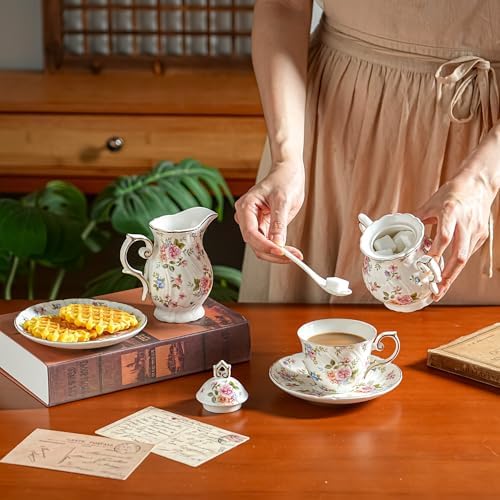 Agyiuns Tea Set 21Pcs ceramic 6 tea cups and saucers, sugar and creamer set,Teapot for Adults,Tea Party (small crushed flower) - Image 4