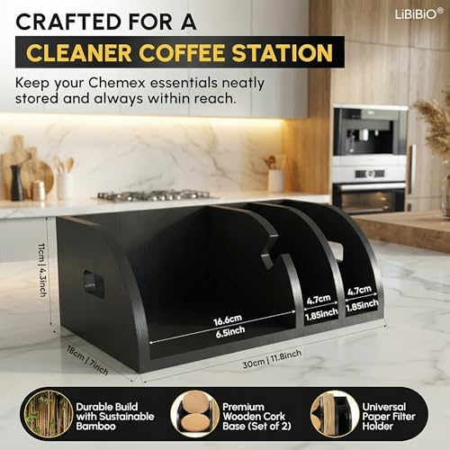 3-in-1 Chemex Caddy with 2 Cork Mats, Coffee Filters/Accessories Organizer, Pour-Over Station, Black Bamboo - Image 3