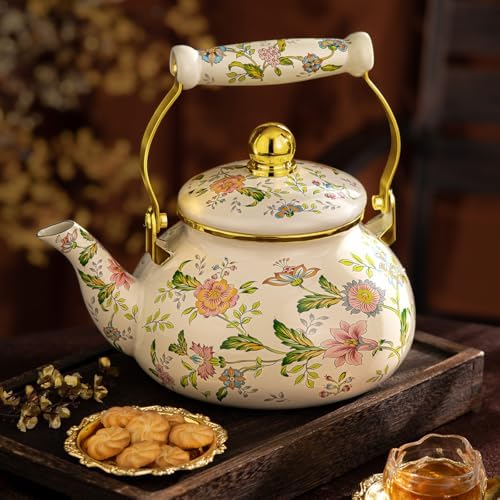 Enamel Tea Kettle – 2.5L Large Capacity Stovetop Teapot with Vintage Floral Pattern, Kettle for Stove, Ideal Small Tea Kettle for Gas & Induction Cooktops - Image 6