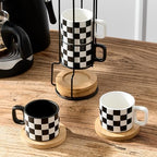 LUKA Ceramic Stackable Black and White Checkered Espresso Cups with Saucers and Metal Stand, 4 Ounce Small Demitasse Cups Set for Coffee Drinks, Latte, Tea - Set of 4 - Image 7