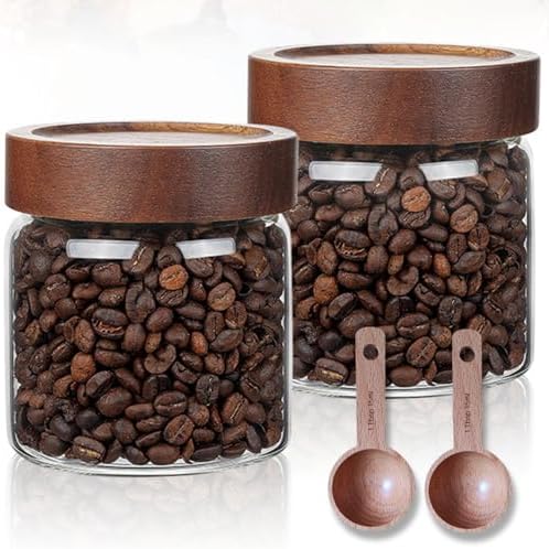 JanYoo 2 Pack Glass Coffee Containers with Lids and Scoop, 17 oz (500ml) Food Storage Jar with Airtight Lids, Kitchen Coffee Container Round Canister Set of 2 by JanYoo