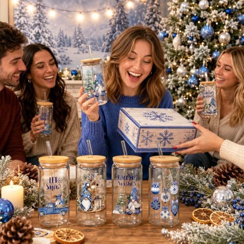 Teenyyou 12 Sets Christmas Glasses Cups with Bamboo Lid and Glass Straw, 16 oz Blue Winter Gnome Snowman Glass Jar Drinking Cups, Festive Elk Christmas Tree Coffee Cup for Xmas Holiday Party Gifts - Image 5