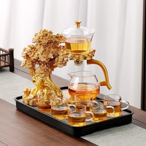 Zurucily Semi Automatic Teapot Set, Glass Teapot Set with Strainer Kungfu Tea Sets (Golden tree-b) - Image 5