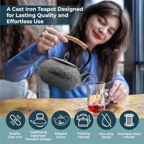 Zen Minded Traditional Japanese Cast Iron Tetsubin Stovetop Teakettle Teapot with Stainless-steel Mesh Loose-leaf Filter for Green Tea & Infusions 800ml Pine Pattern - Black - Image 3