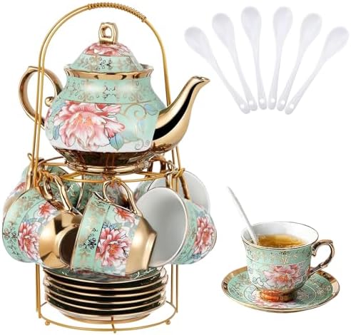 20 Pcs Porcelain Tea Set with Metal Holder, Adult Tea Set Gift, European Ceramic Tea Set for Adults, Enamel Flower Tea Cup Saucer Set for Party With Gold Flower Painting (Fresh Green) by Hebaogugu