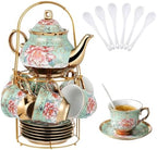 20 Pcs Porcelain Tea Set with Metal Holder, Adult Tea Set Gift, European Ceramic Tea Set for Adults, Enamel Flower Tea Cup Saucer Set for Party With Gold Flower Painting (Fresh Green) by Hebaogugu