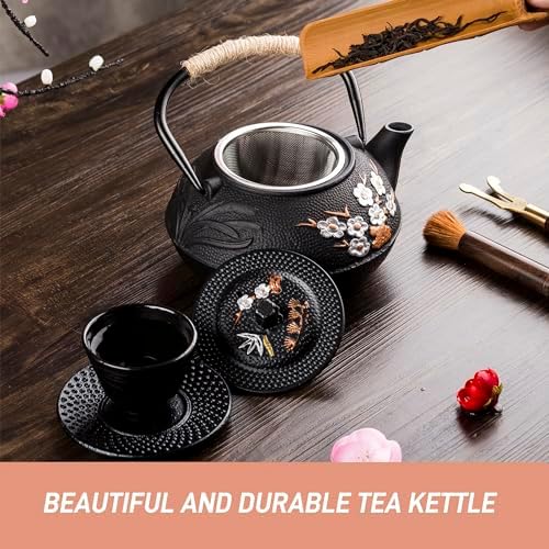 Cast Iron Teapot,SECHUDO Tea Kettle,Japanese Cast Iron Teapot with Stainless Steel Infuser for Stovetop Safe (Black and Colored, 800ML) - Image 6