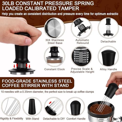 53mm Black 7 Pcs Espresso Accessories Kit with Tamping Station, Calibrated Spring Loaded Tamper, Coffee Distributor, WDT Tool, Magnetic Dosing Funnel, Barista Coffee Prep Set (Plastic) - Image 3