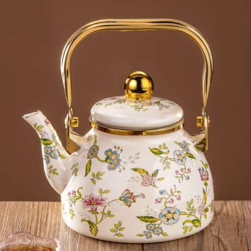 Enamel Tea Kettle for Stovetop, 1.2L Floral Tea Kettle with Gold Handle & Stainless Steel Infuser, Vintage Teapot, Tea Kettle Stovetop for Gas, Induction & Electric Stoves - Image 2