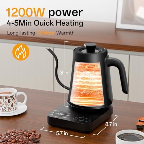 Gooseneck Electric Kettle, 5 Preset Temp Control, ±1℉ Precision, 1.0L Pour Over Kettle for Coffee & Tea, Stainless Steel Interior, 1200W, Black - Image 2