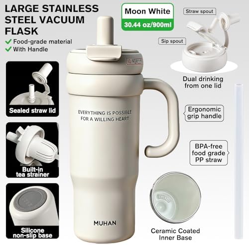 MUHAN 30oz Insulated Tumbler with Handle, Stainless Steel Water Bottle, Travel Mug (Moon White-Ceramic inner（Lid+tea strainer+Straw+handle）, MUHAN 30oz Insulated Tumbler with Handle) - Image 2