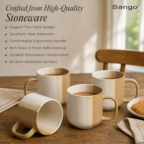 SANGO Phoebe Caramel/White Coffee Mugs Set of 4, 15 oz Stoneware Coffee Mug Set, Big Glossy Ceramic Tea Cup for Cappuccino, Latte, Cocoa, Large Coffee Cups with Handle, Microwave & Dishwasher Safe - Image 4