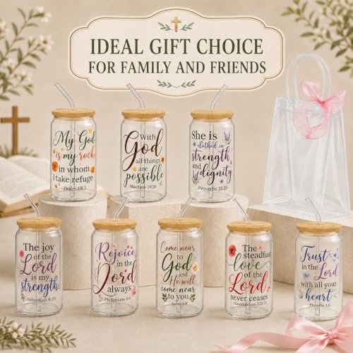 Iced Coffee Mugs, 8 Sets, Glass, 16 oz, Reusable, Floral Bible - Image 5