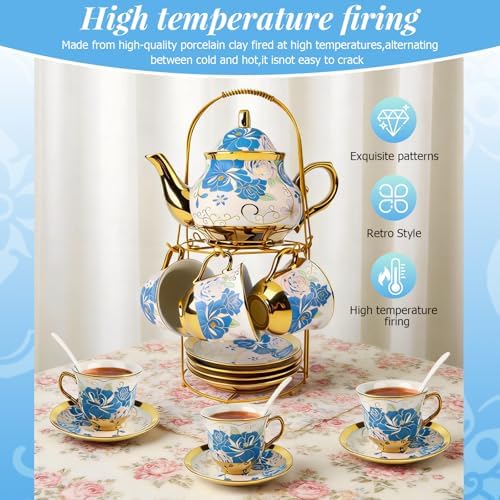 ALIMOTA 20 Pcs Porcelain Tea Set with Metal Holder and Spoon, European Ceramic Tea Set for Adults, European Flower Painting Teapot Cup Saucer Spoon Set for 6, Gift Pack (Blue and Pink) - Image 2