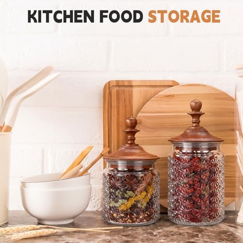 Suclain 6 Pack 24 oz Glass Spice Jars with Dark Wood Lids Vintage Canisters with Star Pattern Airtight Food Storage Container for Home Kitchen Tea Coffee Spice Pantry Organization Decorations - Image 5