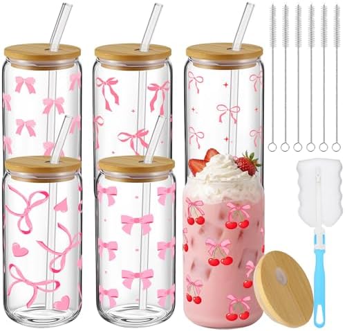 6 Pcs Pink Bow Cherry Glass Cups with Lids and Straws 16 oz by Acellegic