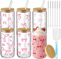 6 Pcs Pink Bow Cherry Glass Cups with Lids and Straws 16 oz by Acellegic