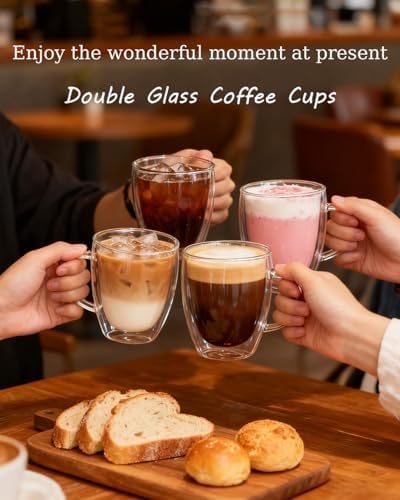 Glass Coffee Cups Set Of 6 - 12oz Double Walled Glass Coffee Mugs with Handle,Clear Insulated Borosilicate Glass Mug,Suitable for Cappuccino,Tea,Latte,Hot Beverage and Wine (6 Pack 12oz +6 Spoons) - Image 3