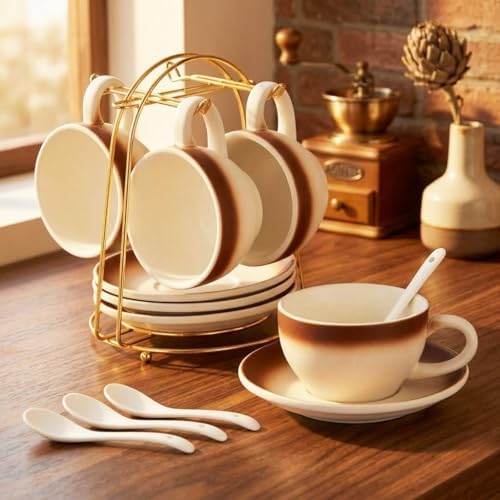DUJUST Cappuccino Cups Set of 4 (8oz), Ceramic Cappuccino Mugs with Saucers, Spoons & Metal Stand, Latte Cup Set for Latte, Espresso & Americano, Gift Package by DUJUST