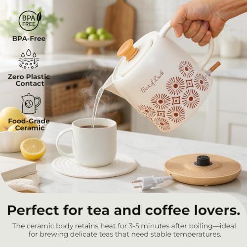 Ceramic Electric Kettle, 1L Vintage Floral Tea Kettle, 1000W Cordless Water Boiler with Auto Shut-Off & Boil-Dry Protection, BPA-Free, 360° Base, Gift for Tea and Coffee Lovers - Image 5