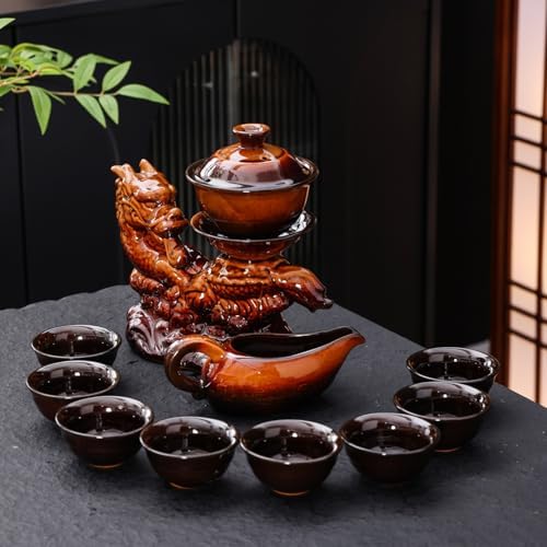 Ceramic Teapot with Infuser Chinese Gongfu Tea Set with 8 Cups, Semi Automatic Dragon Design for Loose Leaf Tea by Unknown