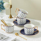CwlwGO-Bone China Cups & Saucers Set 4, (7 oz) with Gold Spoon and Gifts Box, White Tea Cups Sets, Cappuccino Cups, Ceramic British Coffee Cup Set. by HappleCwlwgoHome