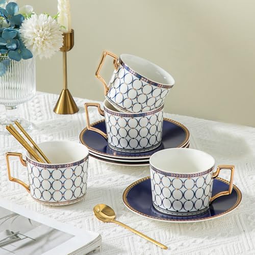 CwlwGO-Bone China Cups & Saucers Set 4, (7 oz) with Gold Spoon and Gifts Box, White Tea Cups Sets, Cappuccino Cups, Ceramic British Coffee Cup Set. by HappleCwlwgoHome