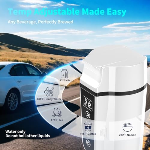 Car Electric Kettle for Travel : FVPE 12V/24V Small Electric Water Kettle, Multi-Temp Control 400 mL Portable Car Water Boiler for Brewing Coffee Tea,LCD Display 304 Stainless Steel Truck Heating Cup - Image 6