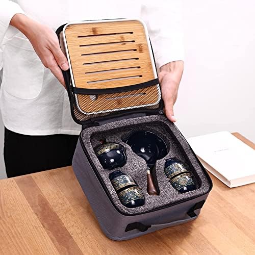LURRIER Porcelain Chinese Gongfu Tea Set,Portable Teapot Set with 360 Rotation Tea maker and Infuser,Portable All in One Gift Bag for Travel,Home,Gifting,Outdoor and Office(Blue) - Image 6