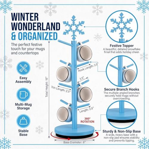 DoubleFill Christmas Tree Coffee Mug Holder 8 Hooks Snowflake Mug Holder for Countertop Snowflake Cup Rack Wood Christmas Tree Display for Kitchen Coffee Accessories - Image 2