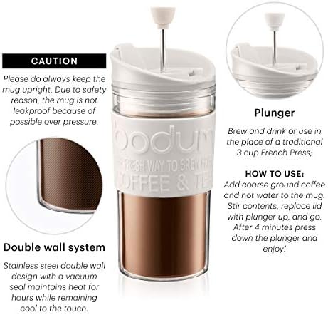 BODUM Travel Press Coffee Maker, Flip Top Lid, Double Wall, Plastic, 0.35 l, 12 oz, Off White - Image 4